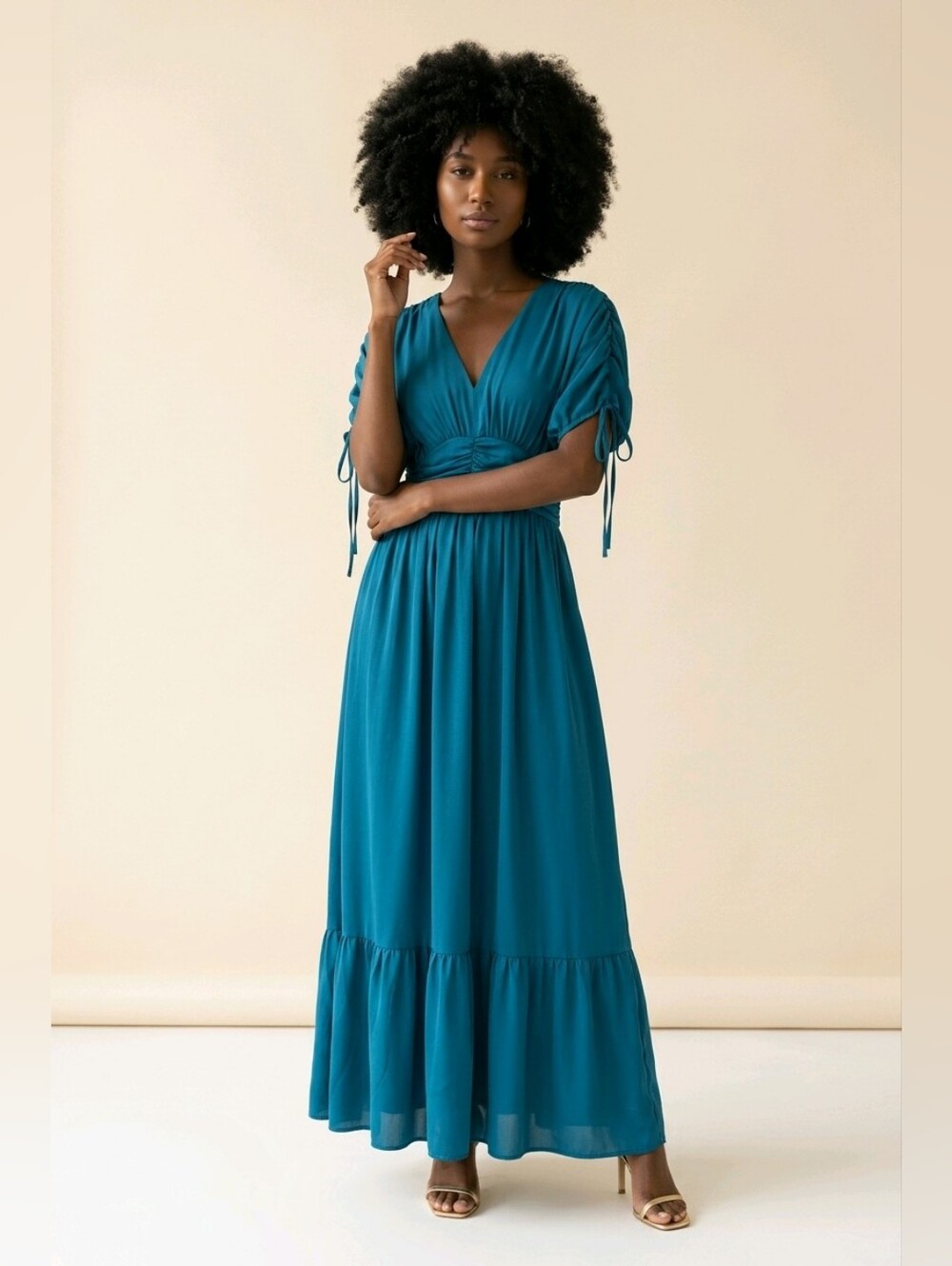 French Connection Teal V-Neck Maxi Dress with Ruched Waist NWT